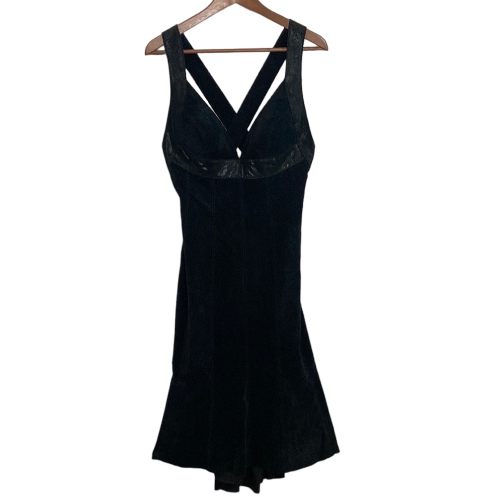 Danier Dress Womens 6 Black Suede Fishtail Midi Deep V Crossover 90s Winona Goth